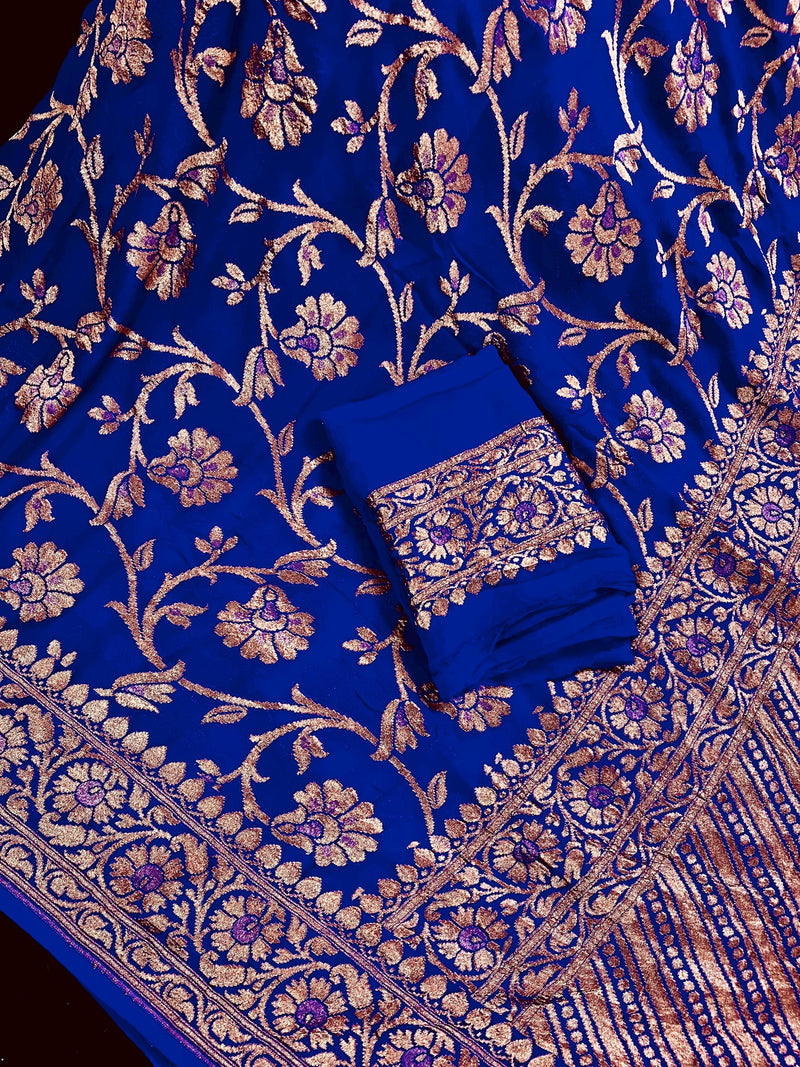 Royal Blue Color Pure Khaddi Georgette Banarasi Silk Saree with Antique Copper Zari Weave | Royal Blue Color Saree | SILK MARK CERTIFIED - Kaash
