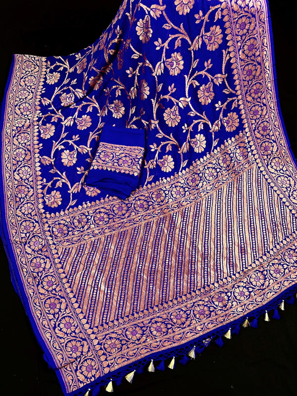 Royal Blue Color Pure Khaddi Georgette Banarasi Silk Saree with Antique Copper Zari Weave | Royal Blue Color Saree | SILK MARK CERTIFIED - Kaash
