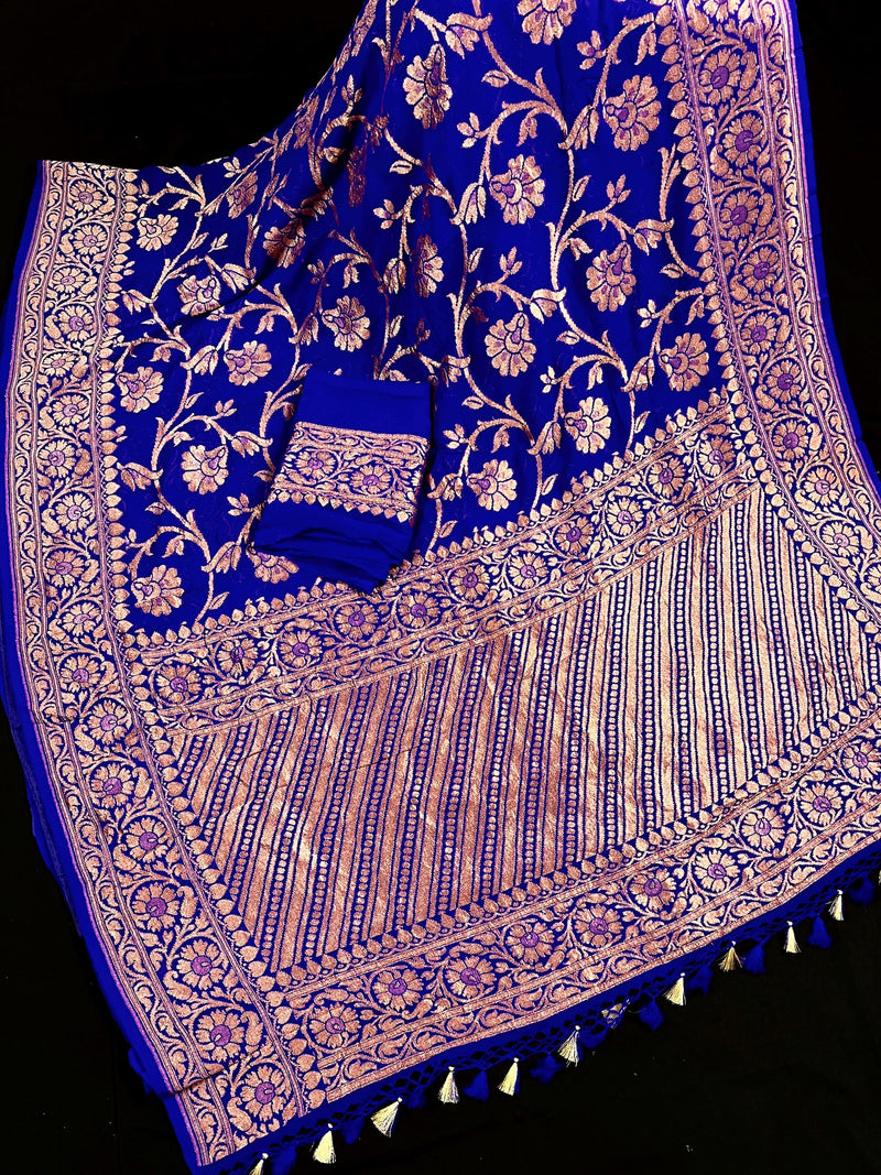 Royal Blue Color Pure Khaddi Georgette Banarasi Silk Saree with Antique Copper Zari Weave | Royal Blue Color Saree | SILK MARK CERTIFIED - Kaash