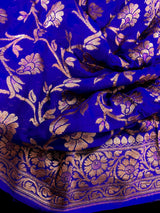 Royal Blue Color Pure Khaddi Georgette Banarasi Silk Saree with Antique Copper Zari Weave | Royal Blue Color Saree | SILK MARK CERTIFIED - Kaash