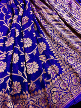 Royal Blue Color Pure Khaddi Georgette Banarasi Silk Saree with Antique Copper Zari Weave | Royal Blue Color Saree | SILK MARK CERTIFIED - Kaash