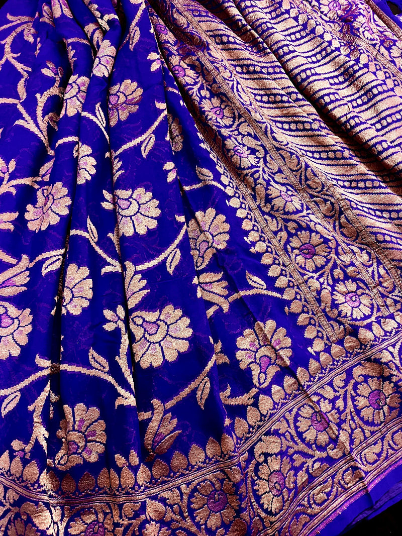 Royal Blue Color Pure Khaddi Georgette Banarasi Silk Saree with Antique Copper Zari Weave | Royal Blue Color Saree | SILK MARK CERTIFIED - Kaash