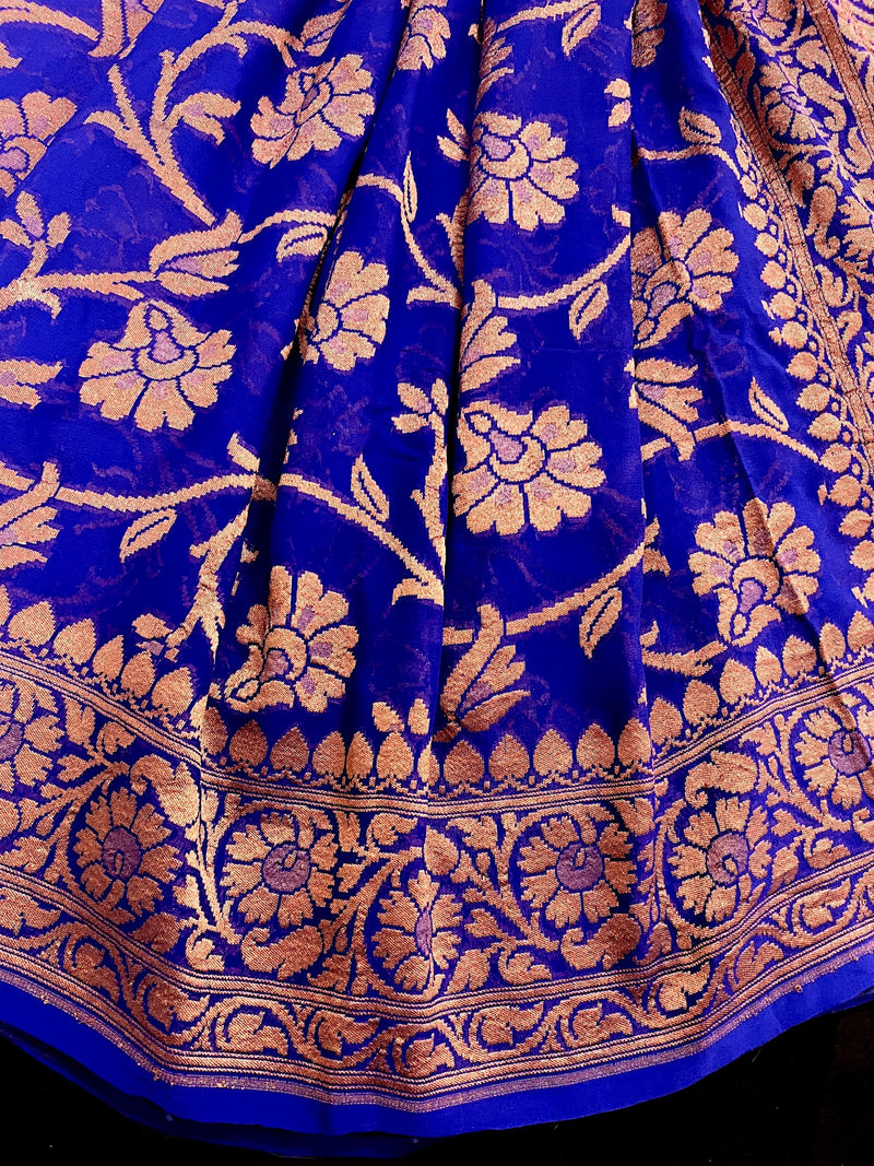Royal Blue Color Pure Khaddi Georgette Banarasi Silk Saree with Antique Copper Zari Weave | Royal Blue Color Saree | SILK MARK CERTIFIED - Kaash