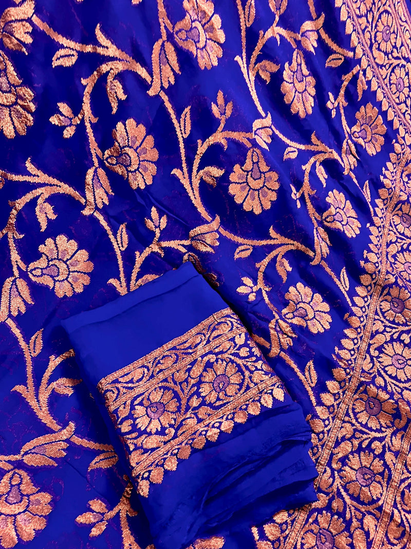 Royal Blue Color Pure Khaddi Georgette Banarasi Silk Saree with Antique Copper Zari Weave | Royal Blue Color Saree | SILK MARK CERTIFIED - Kaash