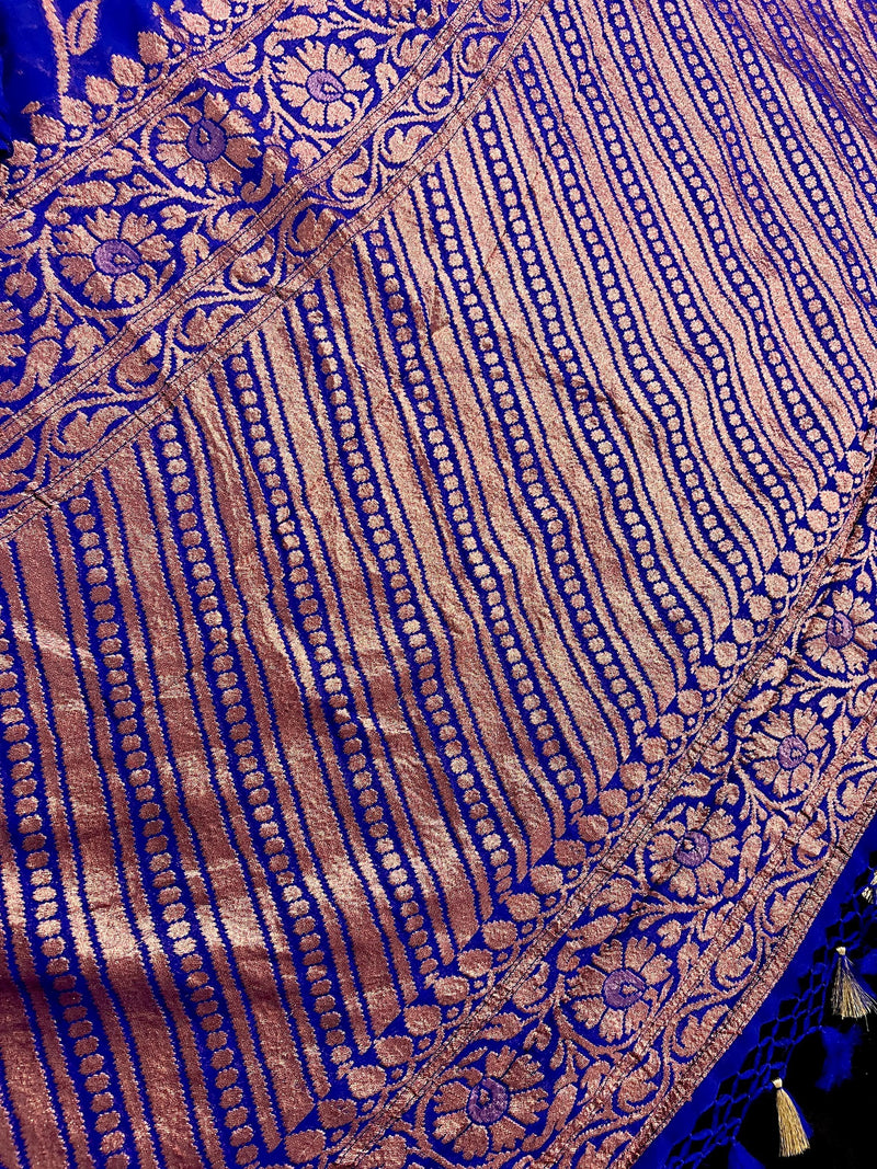 Royal Blue Color Pure Khaddi Georgette Banarasi Silk Saree with Antique Copper Zari Weave | Royal Blue Color Saree | SILK MARK CERTIFIED - Kaash