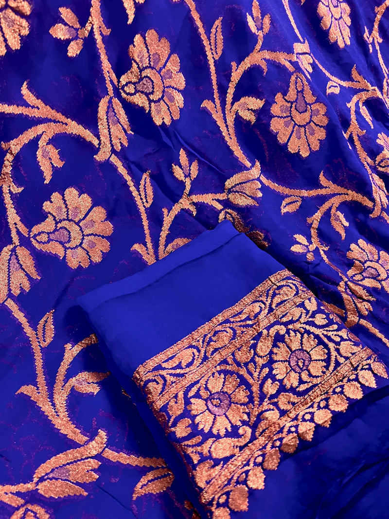 Royal Blue Color Pure Khaddi Georgette Banarasi Silk Saree with Antique Copper Zari Weave | Royal Blue Color Saree | SILK MARK CERTIFIED - Kaash