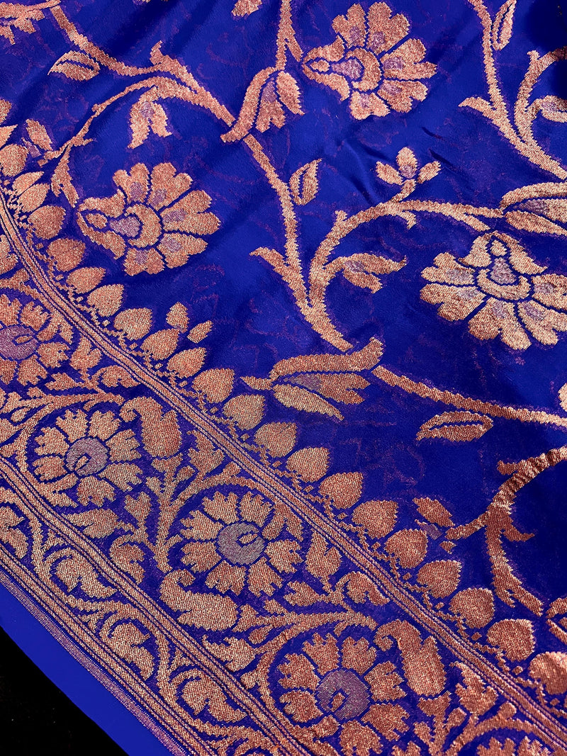 Royal Blue Color Pure Khaddi Georgette Banarasi Silk Saree with Antique Copper Zari Weave | Royal Blue Color Saree | SILK MARK CERTIFIED - Kaash