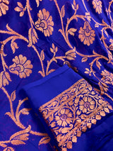 Royal Blue Color Pure Khaddi Georgette Banarasi Silk Saree with Antique Copper Zari Weave | SILK MARK CERTIFIED - Kaash