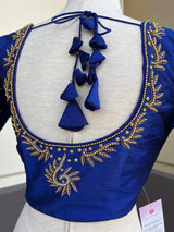 Royal Blue Raw Silk ready-to-wear blouse with handwork in beads & zircon — Kaash Collection