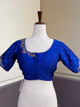 Royal Blue Raw Silk ready-to-wear blouse with handwork in beads & zircon — Kaash Collection