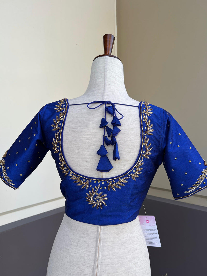 Royal Blue Raw Silk Ready to Wear Blouse | Handwork Blouses | Padded Blouse | Size - 36 | Readymade Saree Blouses | Blue Color Blouse - Kaash