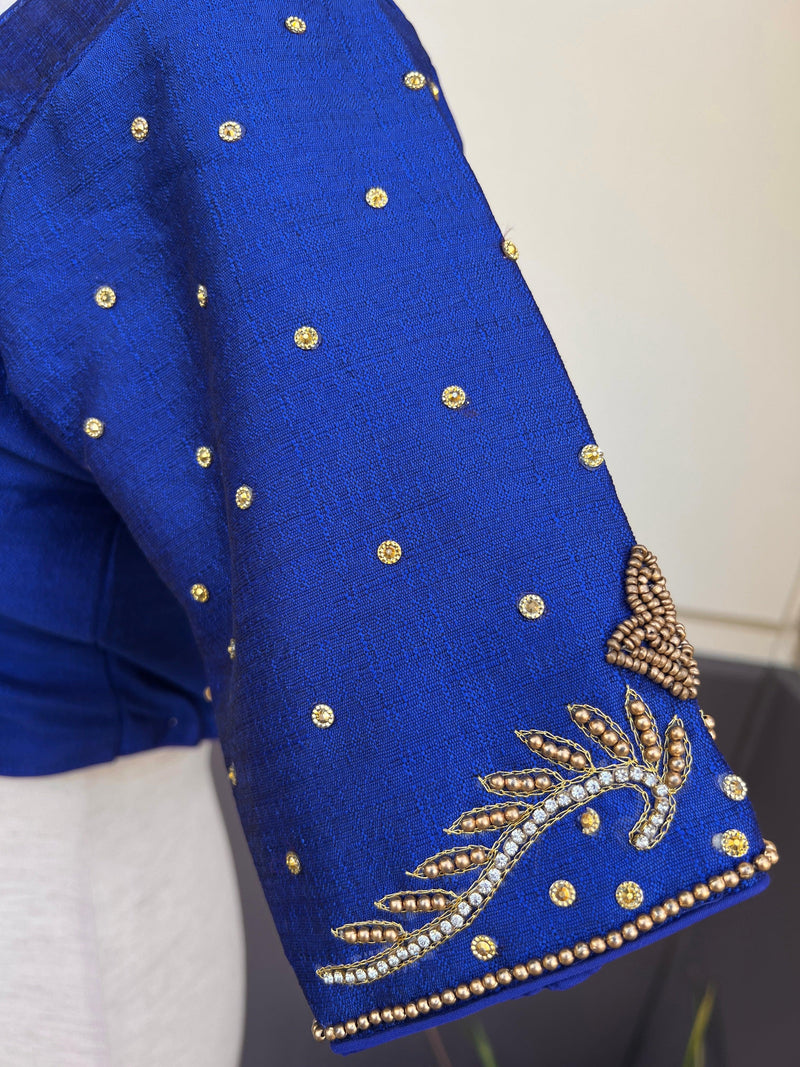 Royal Blue Raw Silk Ready to Wear Blouse | Handwork Blouses | Padded Blouse | Size - 36 | Readymade Saree Blouses | Blue Color Blouse - Kaash