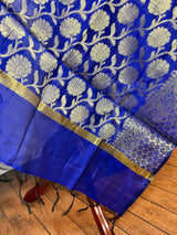 Royal Blue Semi Silk Floral Jaal dupatta in semi silk (non-pure) with floral jaal with muted gold zari — Kaash Collection