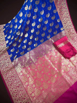 Royal Blue & Dark Pink Banarasi saree in banarasi silk (non-pure) with muted gold zari with meenakari buttis — Kaash Collection
