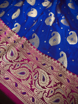 Royal Blue & Dark Pink Banarasi saree in banarasi silk (non-pure) with muted gold zari with meenakari buttis — Kaash Collection