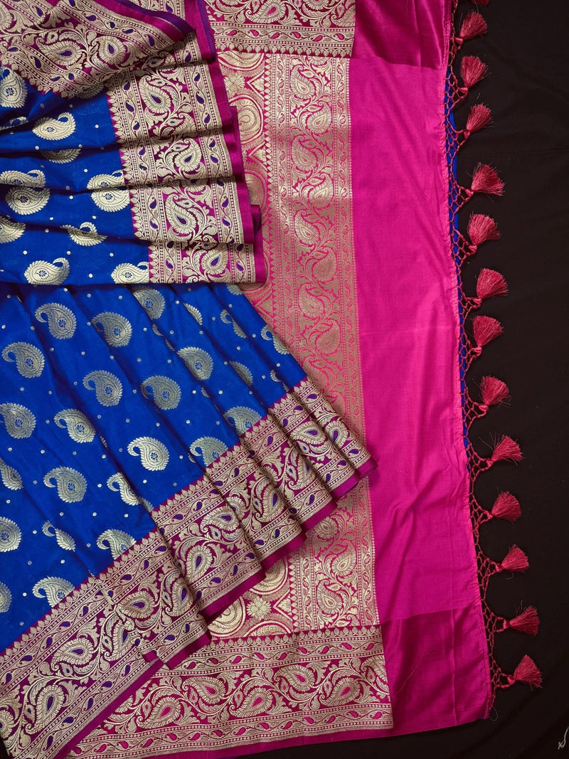 Royal Blue & Dark Pink Banarasi saree in banarasi silk (non-pure) with muted gold zari with meenakari buttis — Kaash Collection