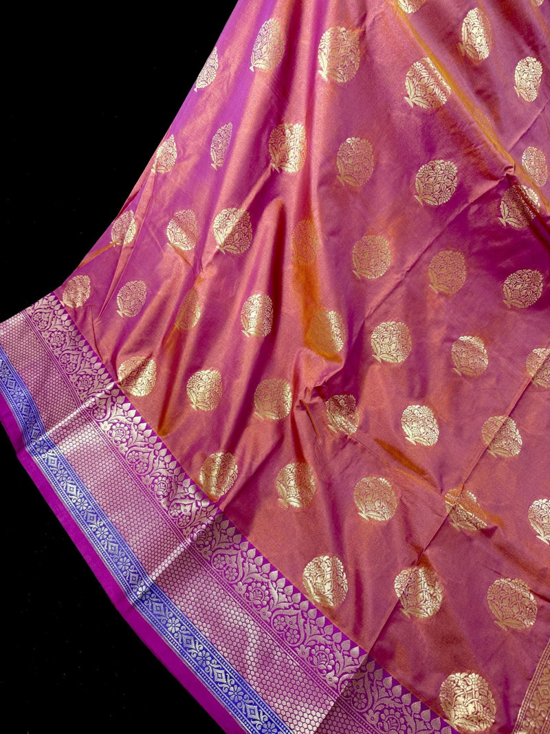 Rust Banarasi Semi Katan Silk Saree with undertone of Purple - Kaash
