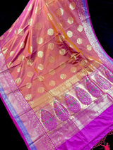 Rust Banarasi Semi Katan Silk Saree with undertone of Purple - Kaash