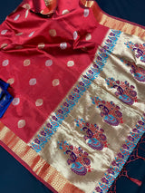 Rusty Red Paithani Soft Silk Saree with Muted Gold Zari | Paithani Sarees | Sarees in USA | Kaash Collection - Kaash
