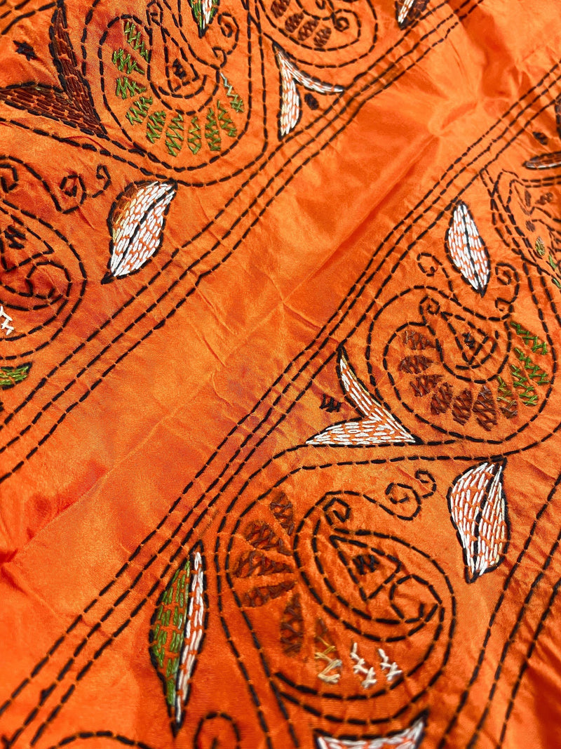 Santari Orange Color Bangalori Silk Saree with Hand Kantha Stitch - Handwoven Kantha Stitch Sarees - Kantha Saress - Bengal Sarees - Kaash