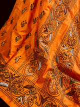 Santari Orange Color Bangalori Silk Saree with Hand Kantha Stitch - Handwoven Kantha Stitch Sarees - Kantha Saress - Bengal Sarees - Kaash