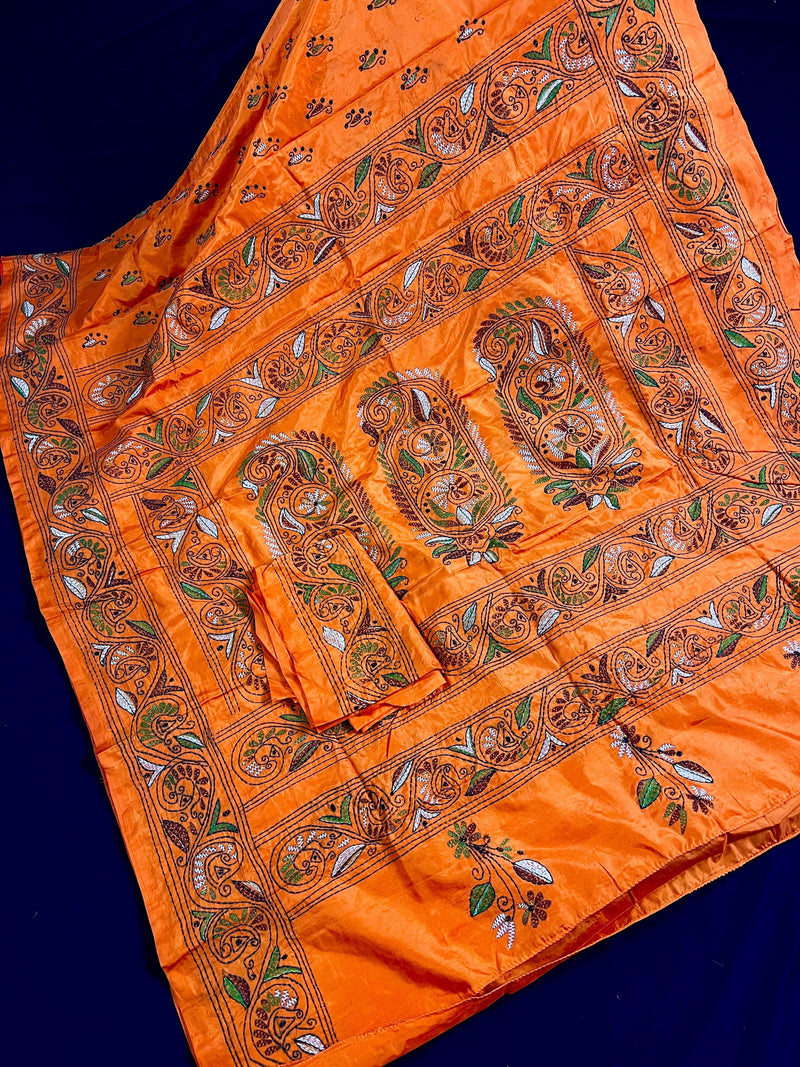 Santari Orange Color Bangalori Silk Saree with Hand Kantha Stitch - Handwoven Kantha Stitch Sarees - Kantha Saress - Bengal Sarees - Kaash