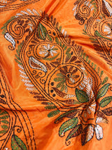 Santari Orange Color Bangalori Silk Saree with Hand Kantha Stitch - Handwoven Kantha Stitch Sarees - Kantha Saress - Bengal Sarees - Kaash