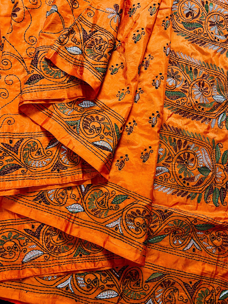 Santari Orange Color Bangalori Silk Saree with Hand Kantha Stitch - Handwoven Kantha Stitch Sarees - Kantha Saress - Bengal Sarees - Kaash