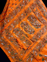 Santari Orange Color Bangalori Silk Saree with Hand Kantha Stitch - Handwoven Kantha Stitch Sarees - Kantha Saress - Bengal Sarees - Kaash