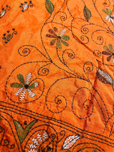 Santari Orange Color Bangalori Silk Saree with Hand Kantha Stitch - Handwoven Kantha Stitch Sarees - Kantha Saress - Bengal Sarees - Kaash