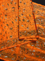 Santari Orange Color Bangalori Silk Saree with Hand Kantha Stitch - Handwoven Kantha Stitch Sarees - Kantha Saress - Bengal Sarees - Kaash