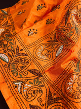 Santari Orange Color Bangalori Silk Saree with Hand Kantha Stitch - Handwoven Kantha Stitch Sarees - Kantha Saress - Bengal Sarees - Kaash