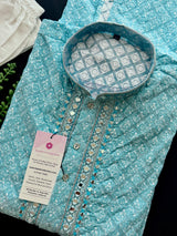 Sea Blue Color Chikankari Embroidery Kurta for Men - Kaash