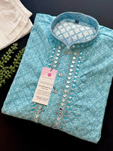 Sea Blue Color Chikankari Embroidery Kurta for Men - Kaash