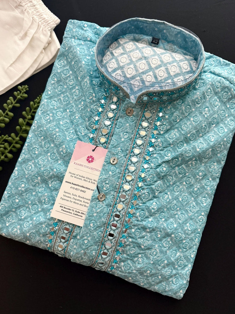 Sea Blue Color Chikankari Embroidery Kurta for Men - Kaash