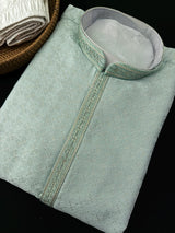 Sea Blue Silk Kurta with Self Zari Embroidery Weave | Mens Wedding and Festive Wear - Kaash