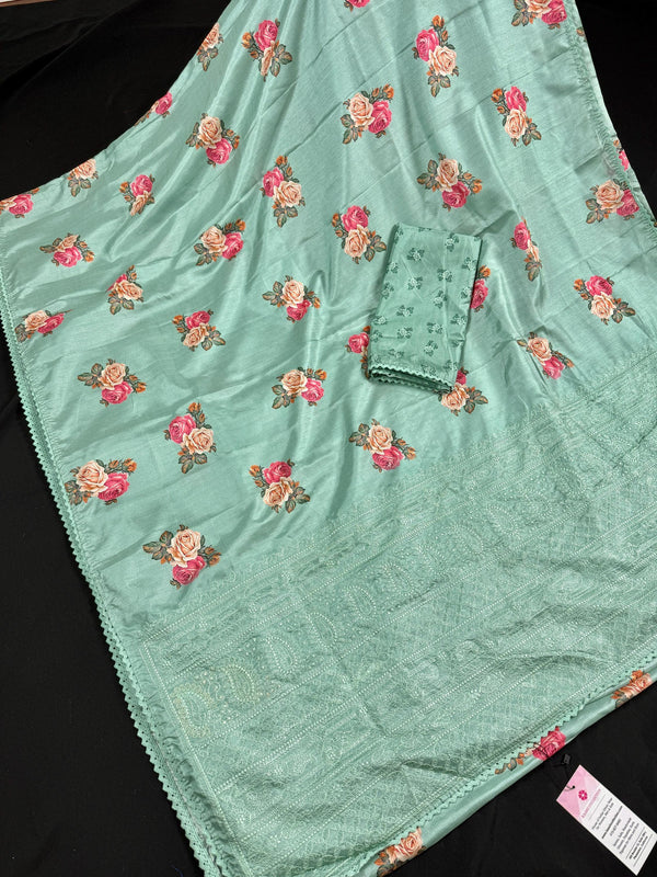 Sea Green Color Floral Print Saree with Lucknowi Embroidery and Crochet Lace Work | Satin Silk Saree | Floral Saree | Kaash Collection - Kaash