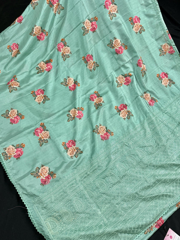 Sea Green Color Floral Print Saree with Lucknowi Embroidery and Crochet Lace Work | Satin Silk Saree | Floral Saree | Kaash Collection - Kaash