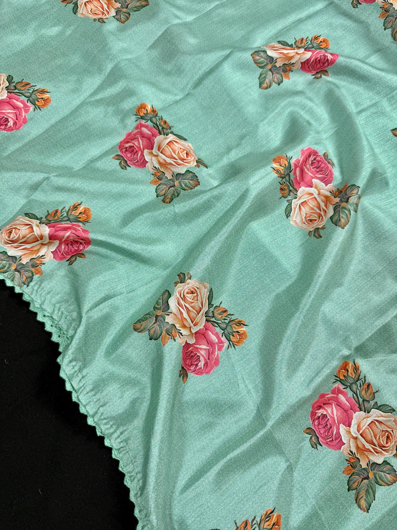 Sea Green Color Floral Print Saree with Lucknowi Embroidery and Crochet Lace Work | Satin Silk Saree | Floral Saree | Kaash Collection - Kaash