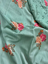 Sea Green Color Floral Print Saree with Lucknowi Embroidery and Crochet Lace Work | Satin Silk Saree | Floral Saree | Kaash Collection - Kaash