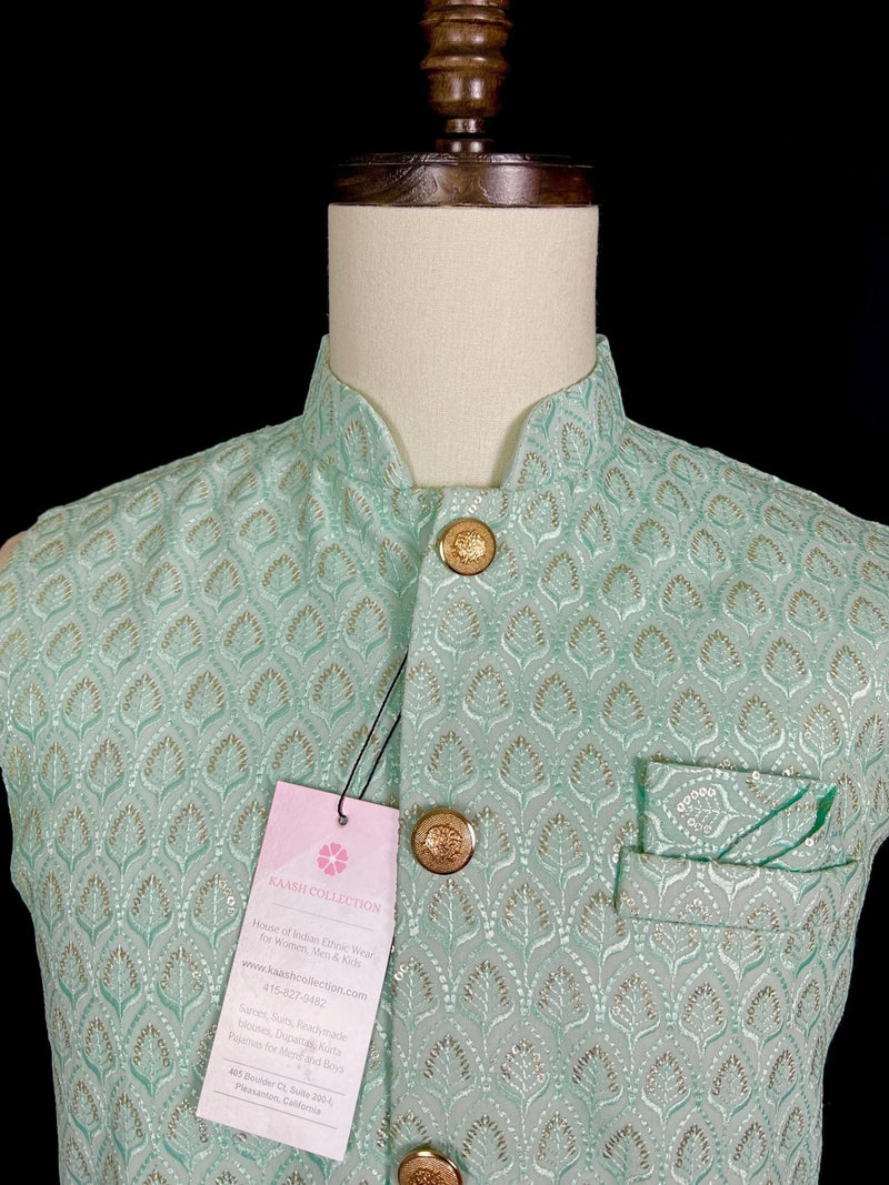 Sea Green men's Nehru/Modi jacket in cotton silk with embroidery & sequin work — Kaash Collection