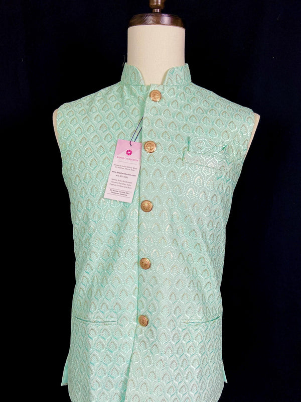 Sea Green Color Men Jacket with Sequin and Thread Work | High Quality Premium Soft Cotton Silk Men Jacket for Kurtas | Jacket for Kurtas - Kaash