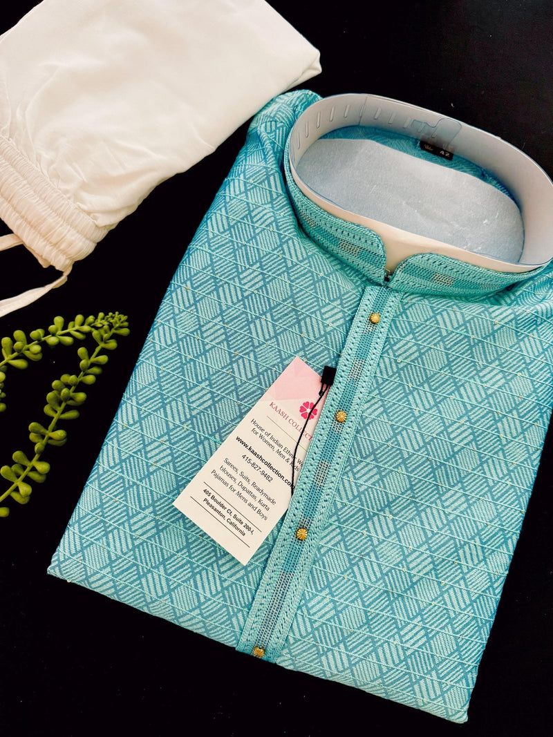 Sea Green with Blue Base men's kurta pajama in silk (non-pure) with all-over tiny sequin work — Kaash Collection
