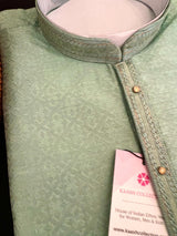 Sea Green men's kurta pajama in raw silk (non-pure) with self-weave with embroidery lace on neckline — Kaash Collection