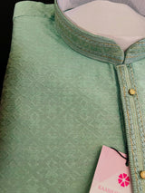 Sea Green men's kurta pajama in raw silk (non-pure) with self-weave with embroidery lace on neckline — Kaash Collection