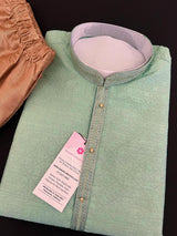 Sea Green men's kurta pajama in raw silk (non-pure) with self-weave with embroidery lace on neckline — Kaash Collection