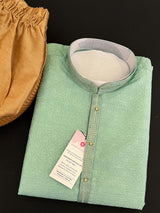 Sea Green men's kurta pajama in raw silk (non-pure) with self-weave with embroidery lace on neckline — Kaash Collection