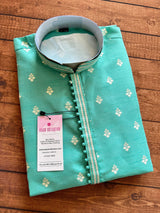 Sea Green men's kurta pajama in soft silk (non-pure) with silver zari buttas weaving — Kaash Collection