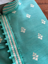 Sea Green men's kurta pajama in soft silk (non-pure) with silver zari buttas weaving — Kaash Collection