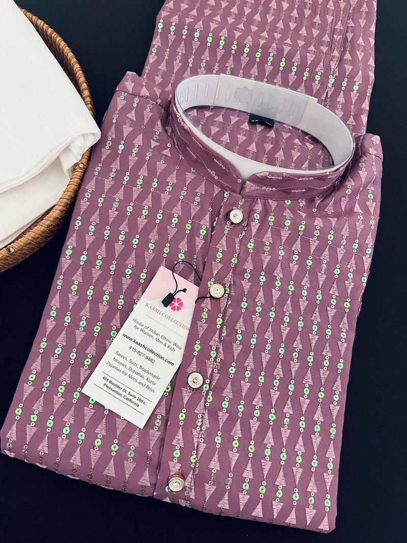 Sea Lavender men's kurta pajama in premium silk with all-over sequin & embroidery on premium silk — Kaash Collection